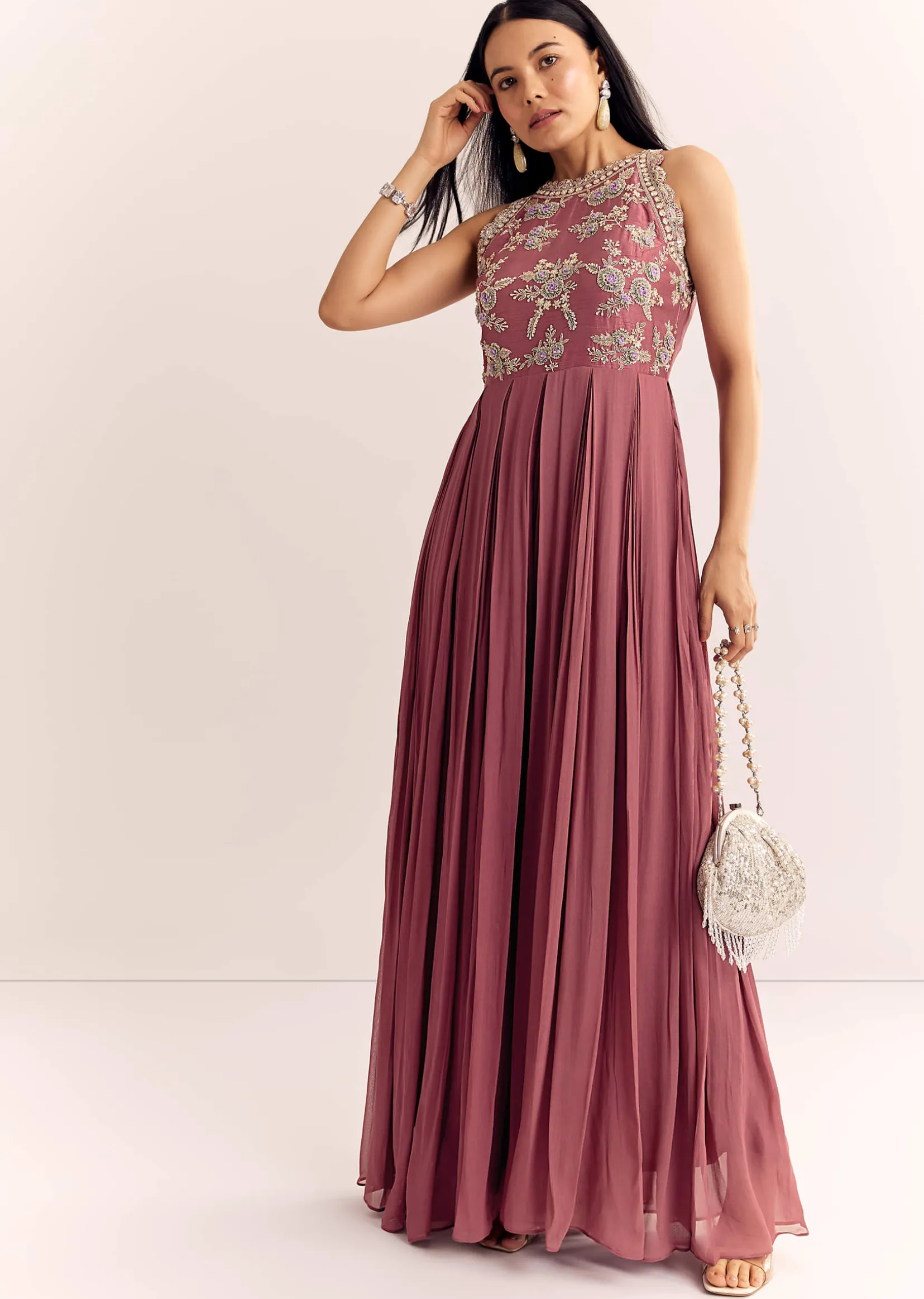Mauve Pink Georgette Jumpsuit With Cutdana Beads And Threadwork