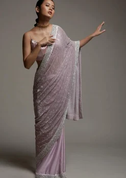 Mauve Pink Half And Half Saree In Crepe With Crushed Sequins Pallu And Unstitched Blouse