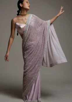 Mauve Pink Half And Half Saree In Crepe With Crushed Sequins Pallu And Unstitched Blouse