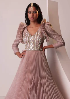 Mauve Pink Tiered Embroidered Gown In Organza With Frill Shoulder-Tops
