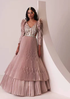 Mauve Pink Tiered Embroidered Gown In Organza With Frill Shoulder-Tops