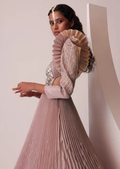 Mauve Pink Tiered Embroidered Gown In Organza With Frill Shoulder-Tops