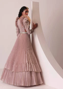 Mauve Pink Tiered Embroidered Gown In Organza With Frill Shoulder-Tops