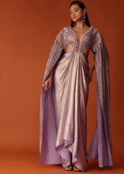 Mauve Purple Embroidered Shimmer Bridesmaid Gown With Fitted Drape