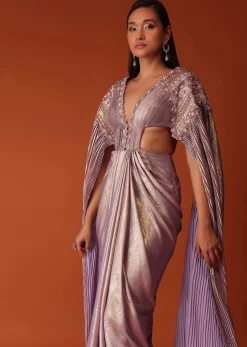 Mauve Purple Embroidered Shimmer Bridesmaid Gown With Fitted Drape