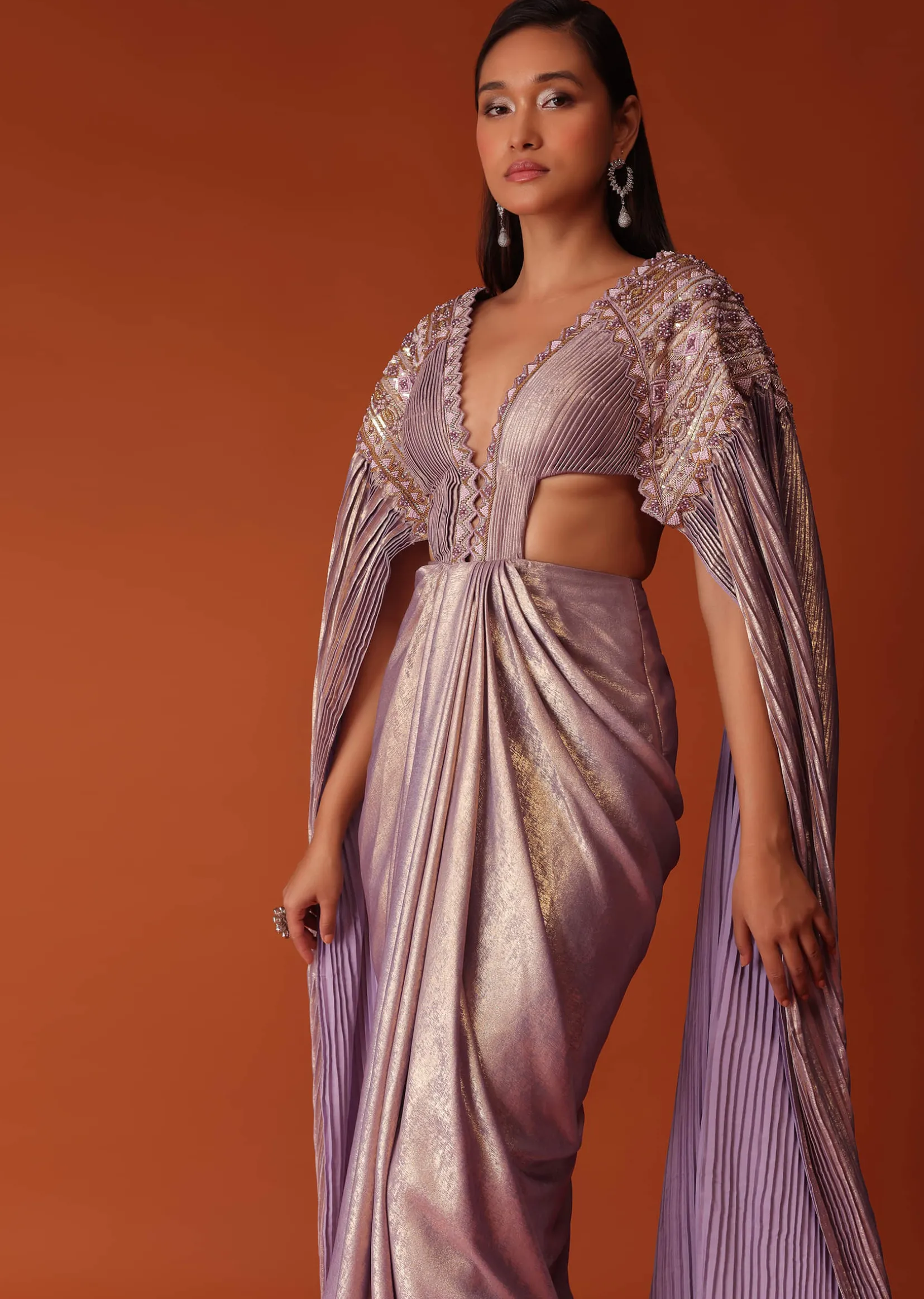 Mauve Purple Embroidered Shimmer Bridesmaid Gown With Fitted Drape