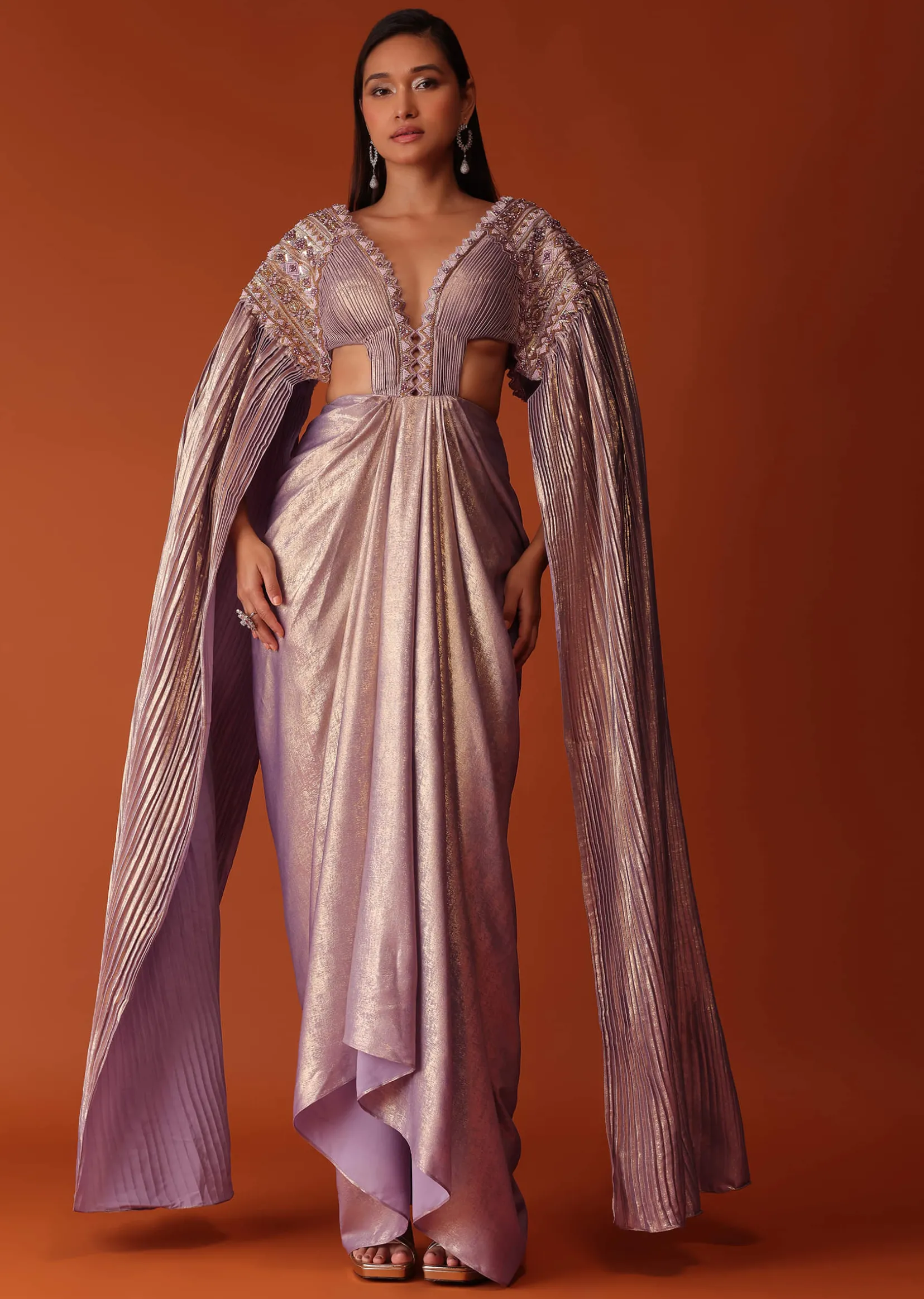 Mauve Purple Embroidered Shimmer Bridesmaid Gown With Fitted Drape