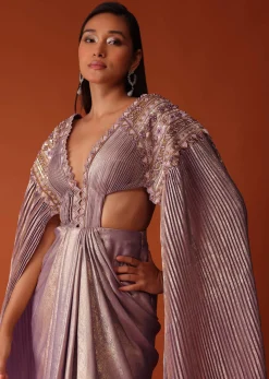 Mauve Purple Embroidered Shimmer Bridesmaid Gown With Fitted Drape