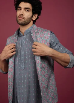 Mauve Purple Silk Printed Bandi And Kurta Set With Zari Work