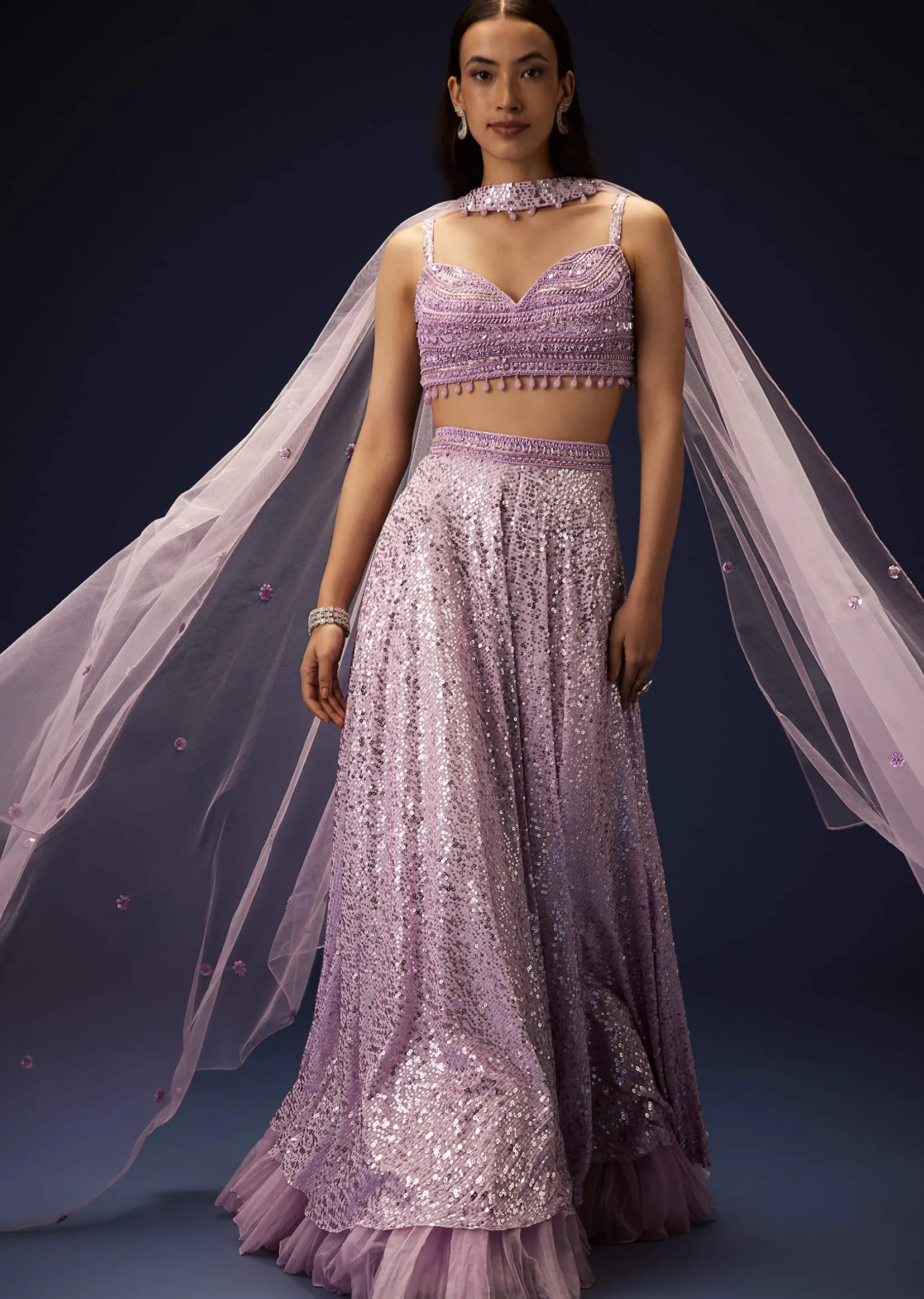 Mauve Sequence Double Layer Skirt Dupatta Set With Hand Embroidered Blouse