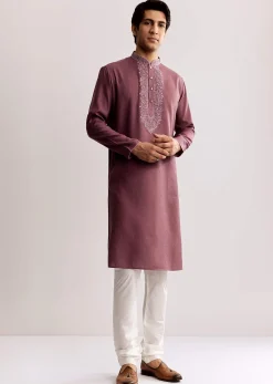 Mauve Silk Kurta Set With Thread Embroidery