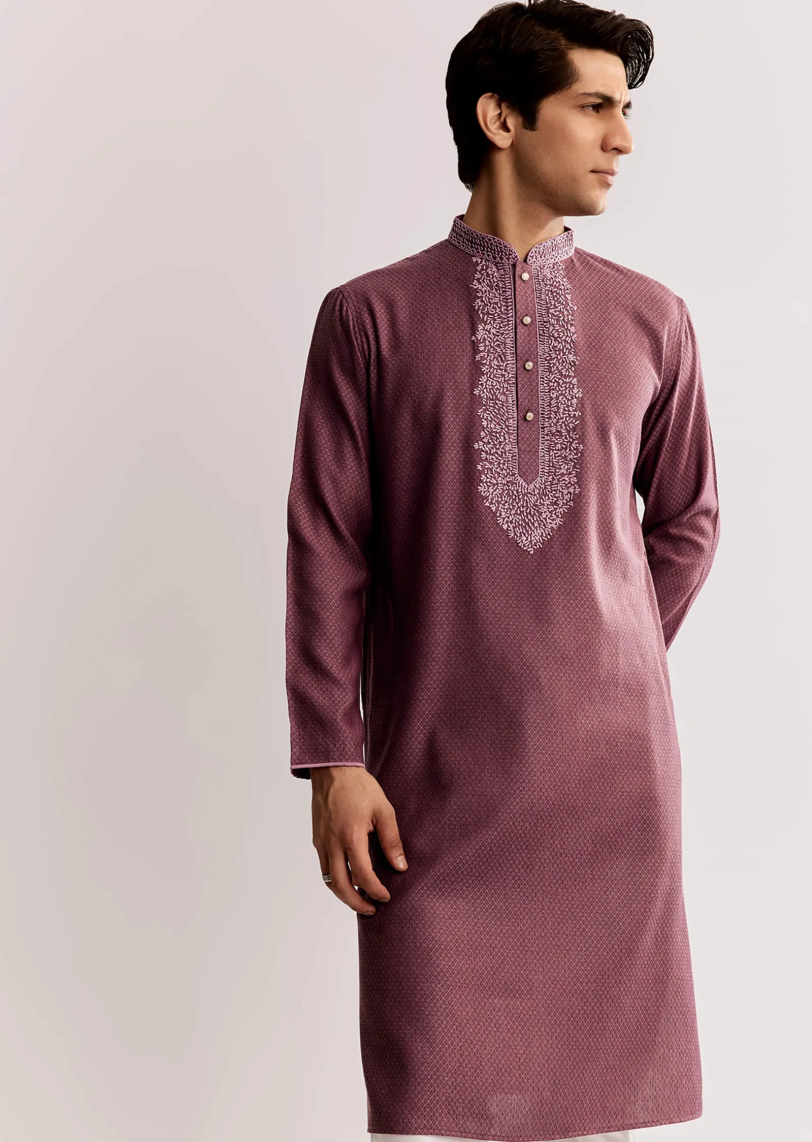 Mauve Silk Kurta Set With Thread Embroidery