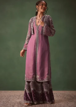 Mauve Straight Kurta With Embroidered Jacket And Bell Bottom Pants