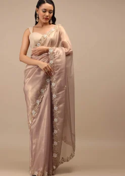 Mauve Tissue Saree In White Moti And Cut Dana Embroidery Buttis, Border Has Cutwork Embroidery Detailing
