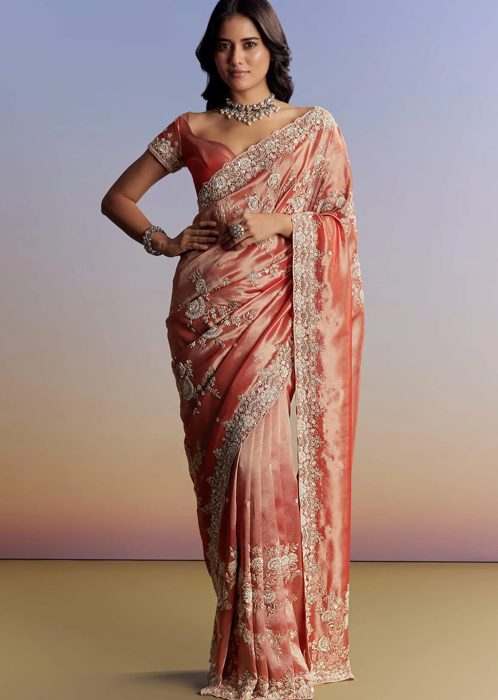Mauve Tissue Saree With Scallop Border And Bead Embroidery