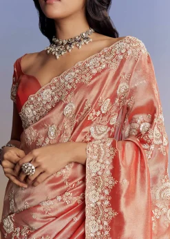 Mauve Tissue Saree With Scallop Border And Bead Embroidery