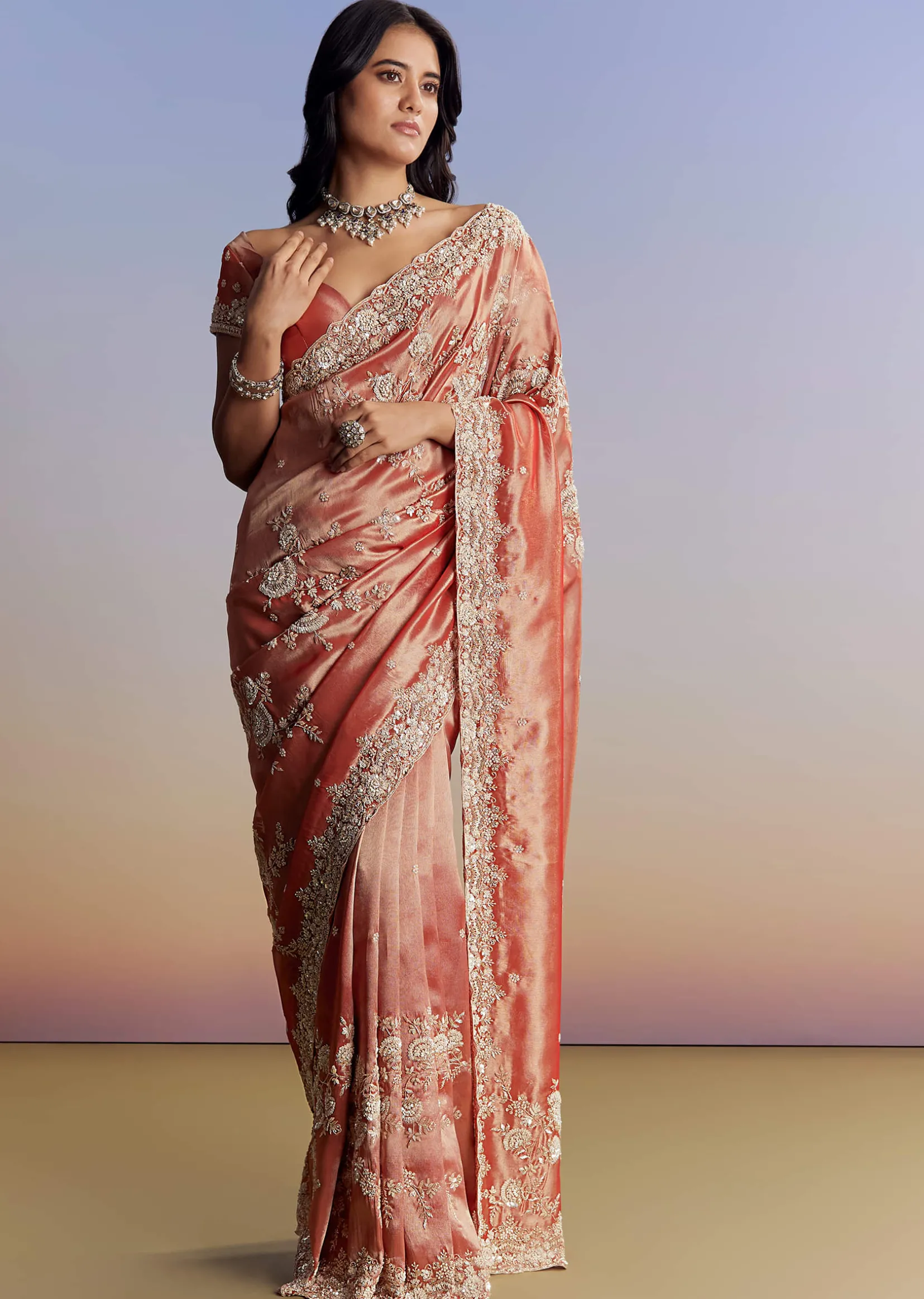 Mauve Tissue Saree With Scallop Border And Bead Embroidery