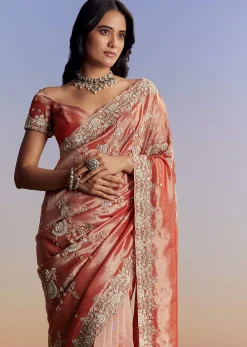 Mauve Tissue Saree With Scallop Border And Bead Embroidery