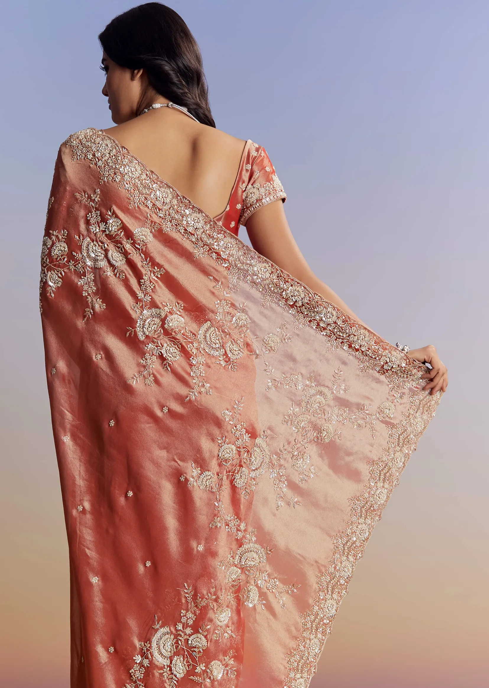 Mauve Tissue Saree With Scallop Border And Bead Embroidery