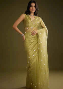 Mehandi Green Tissue Saree With Sequin Floral Embroidery