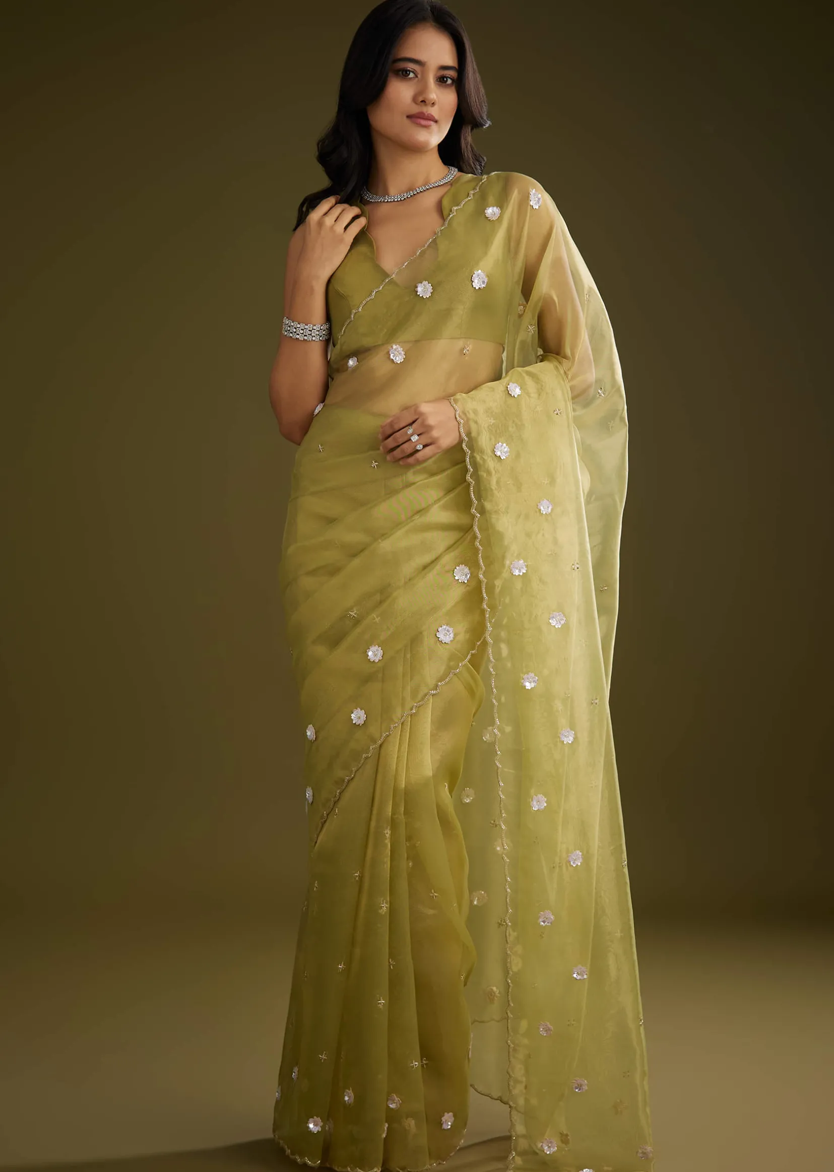 Mehandi Green Tissue Saree With Sequin Floral Embroidery