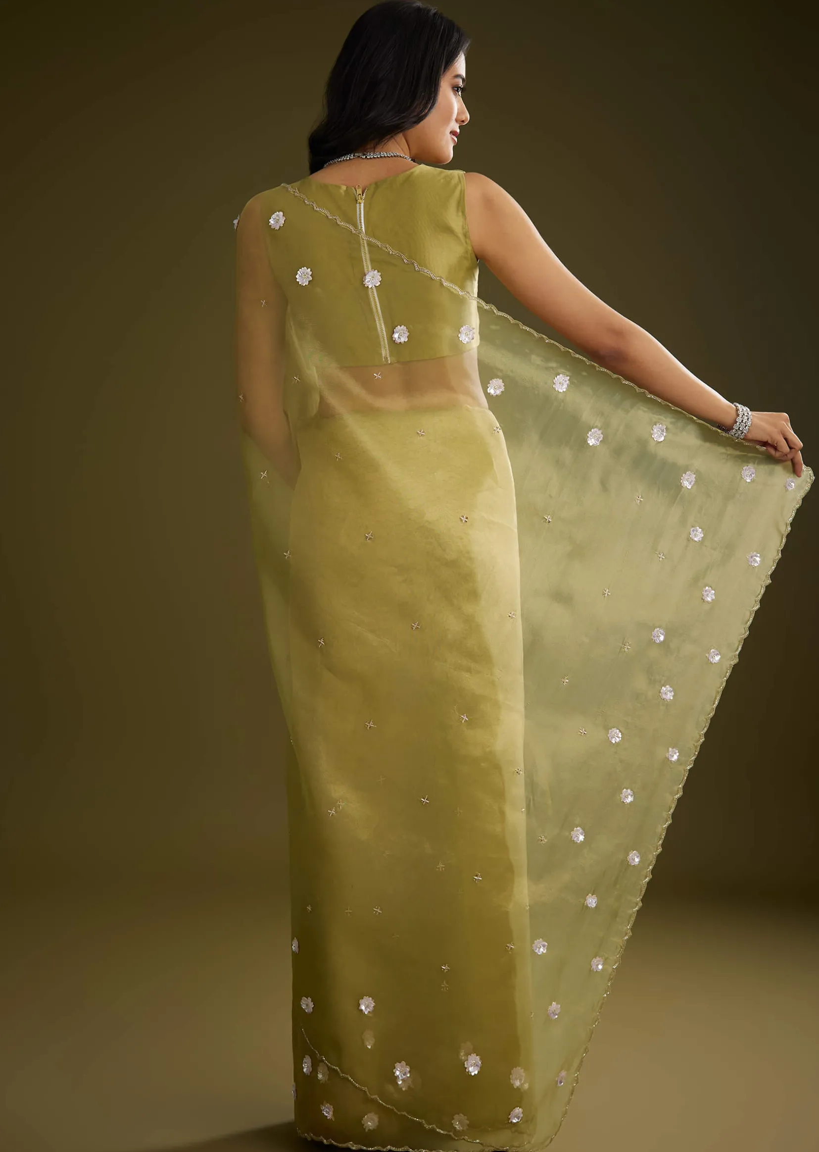 Mehandi Green Tissue Saree With Sequin Floral Embroidery