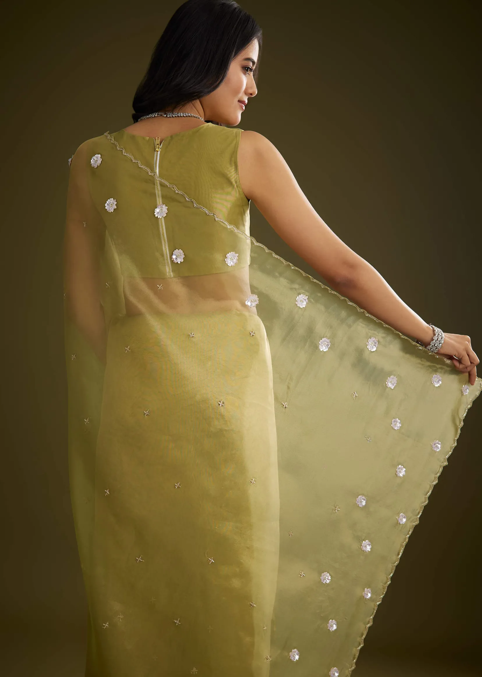 Mehandi Green Tissue Saree With Sequin Floral Embroidery