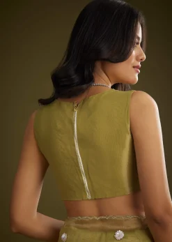 Mehandi Green Tissue Saree With Sequin Floral Embroidery