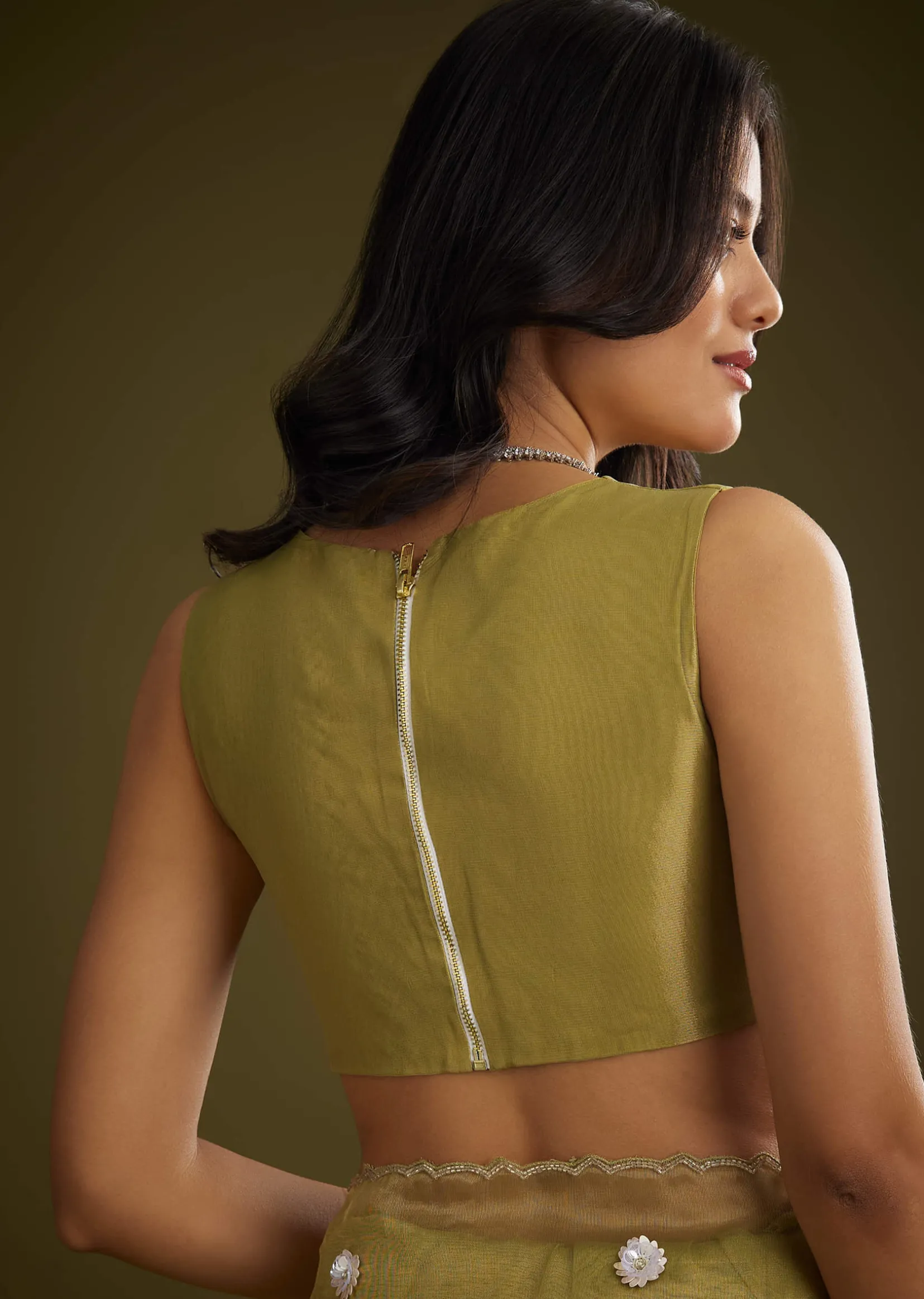 Mehandi Green Tissue Saree With Sequin Floral Embroidery