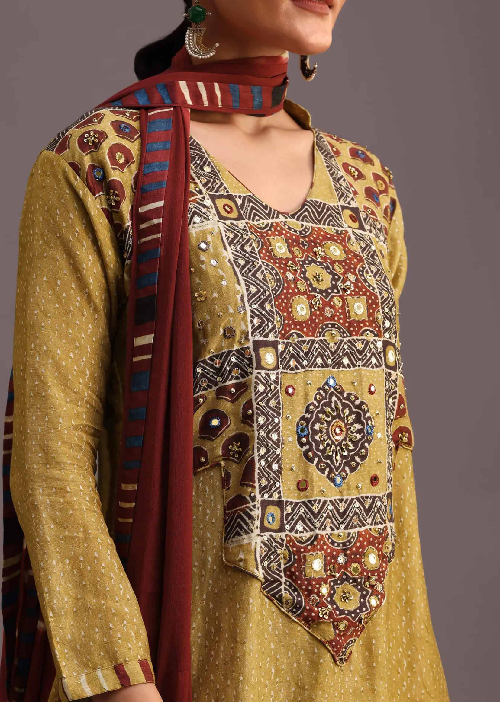 Mehendi Green Ajrakh Printed Kurta Set With Leheriya Dupatta