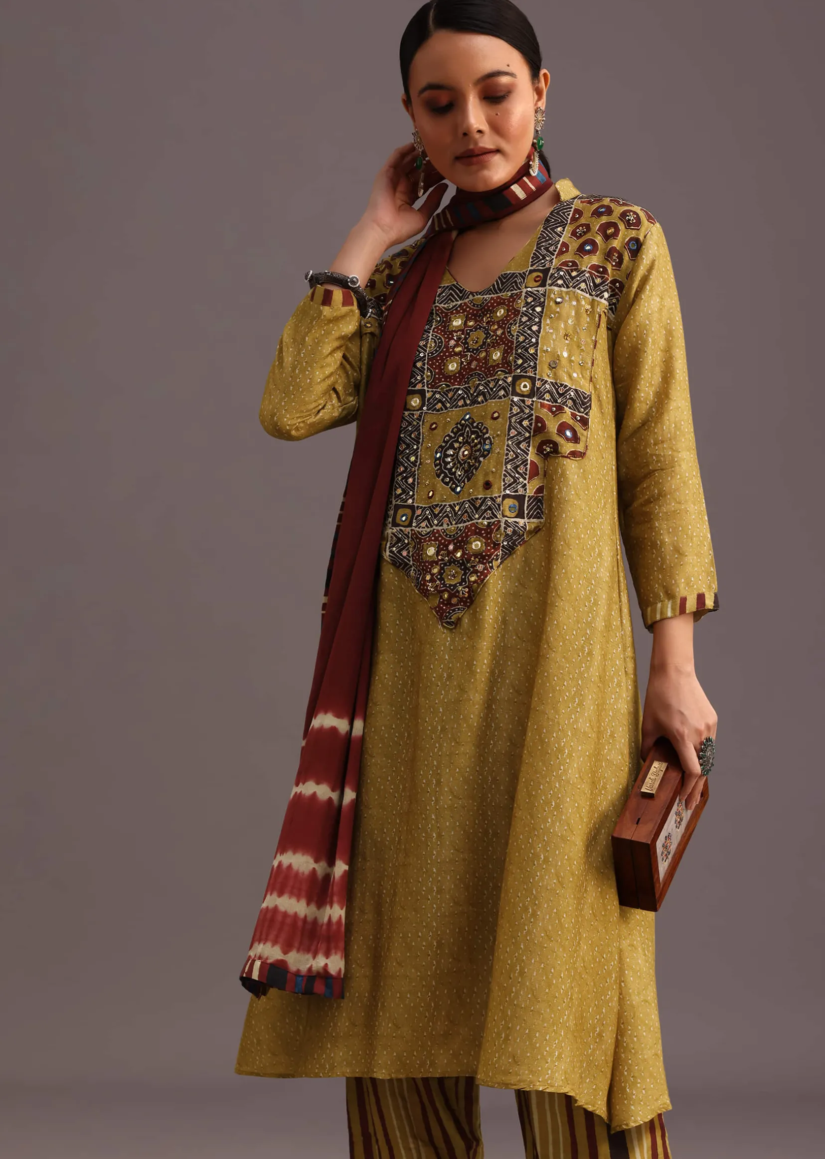 Mehendi Green Ajrakh Printed Kurta Set With Leheriya Dupatta