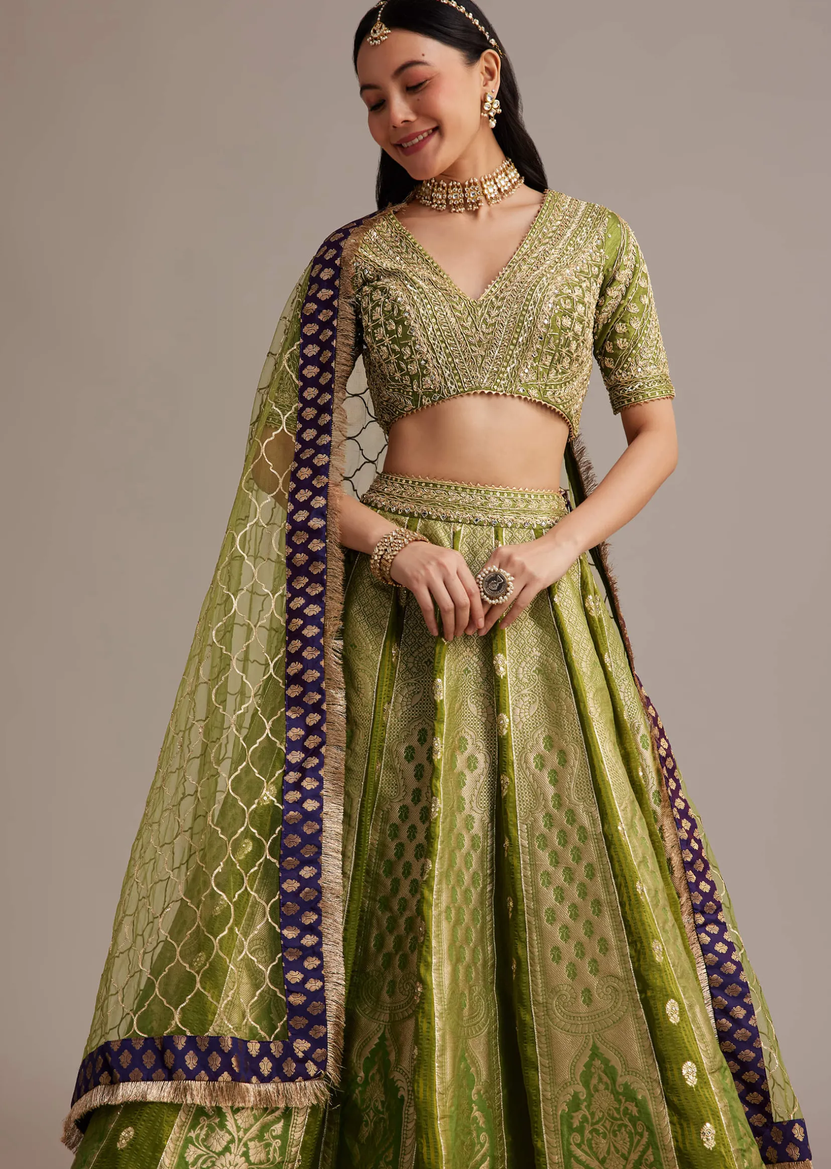 Mehendi Green Banarasi Silk Lehenga Set With Zardosi Work