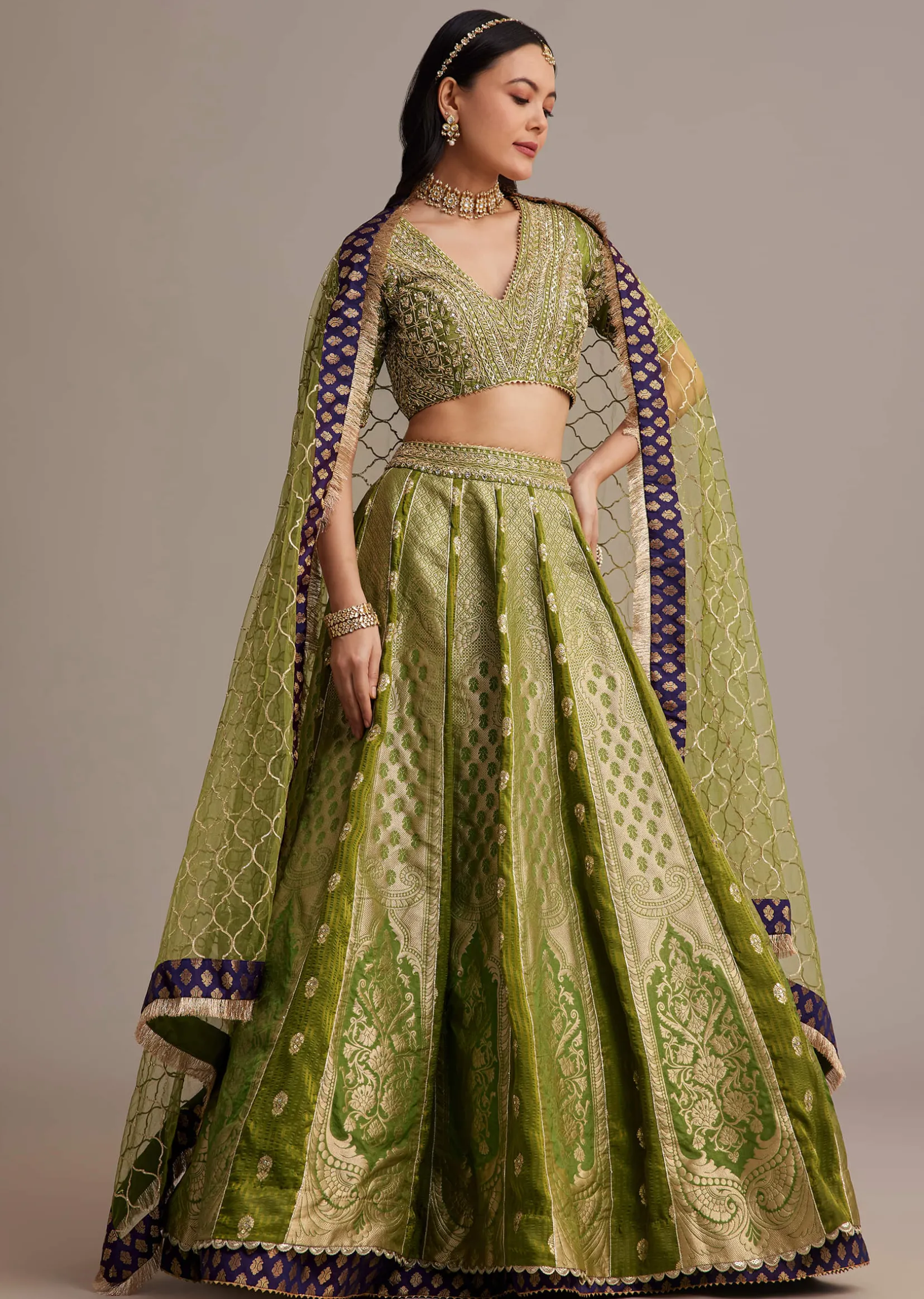 Mehendi Green Banarasi Silk Lehenga Set With Zardosi Work