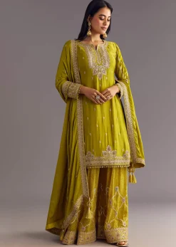 Mehendi Green Bandhani Palazzo Kurta Set With Zari And Mirror Work