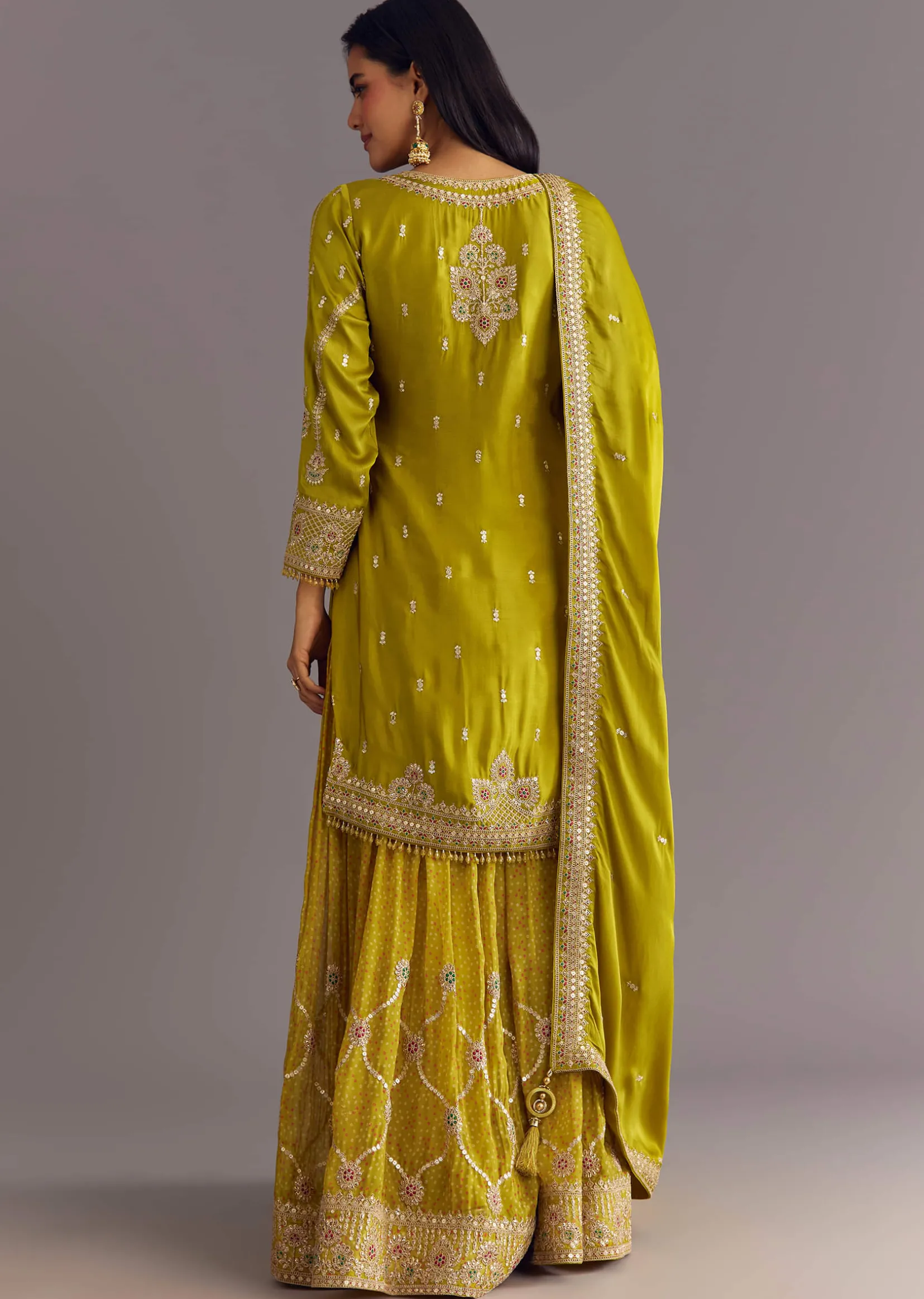 Mehendi Green Bandhani Palazzo Kurta Set With Zari And Mirror Work