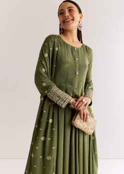 Mehendi Green Chinon Kurta Set With Zardosi And Butti Work