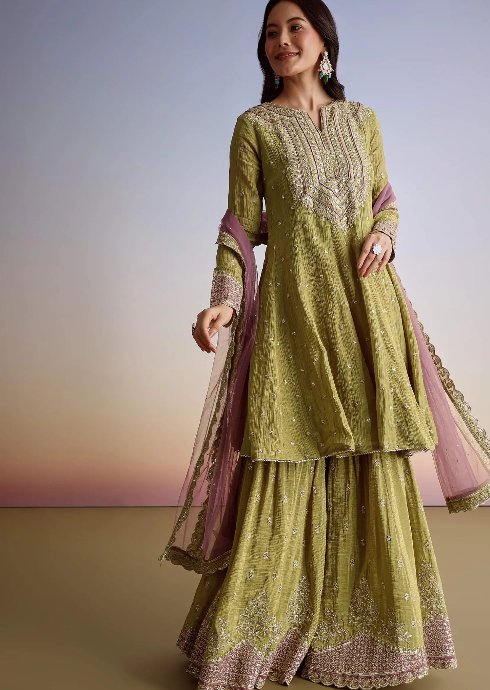 Mehendi Green Crush Tissue Sharara Suit With Zari Sequins