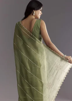 Mehendi Green Crushed Tissue Saree With Embroidered Scallop Border