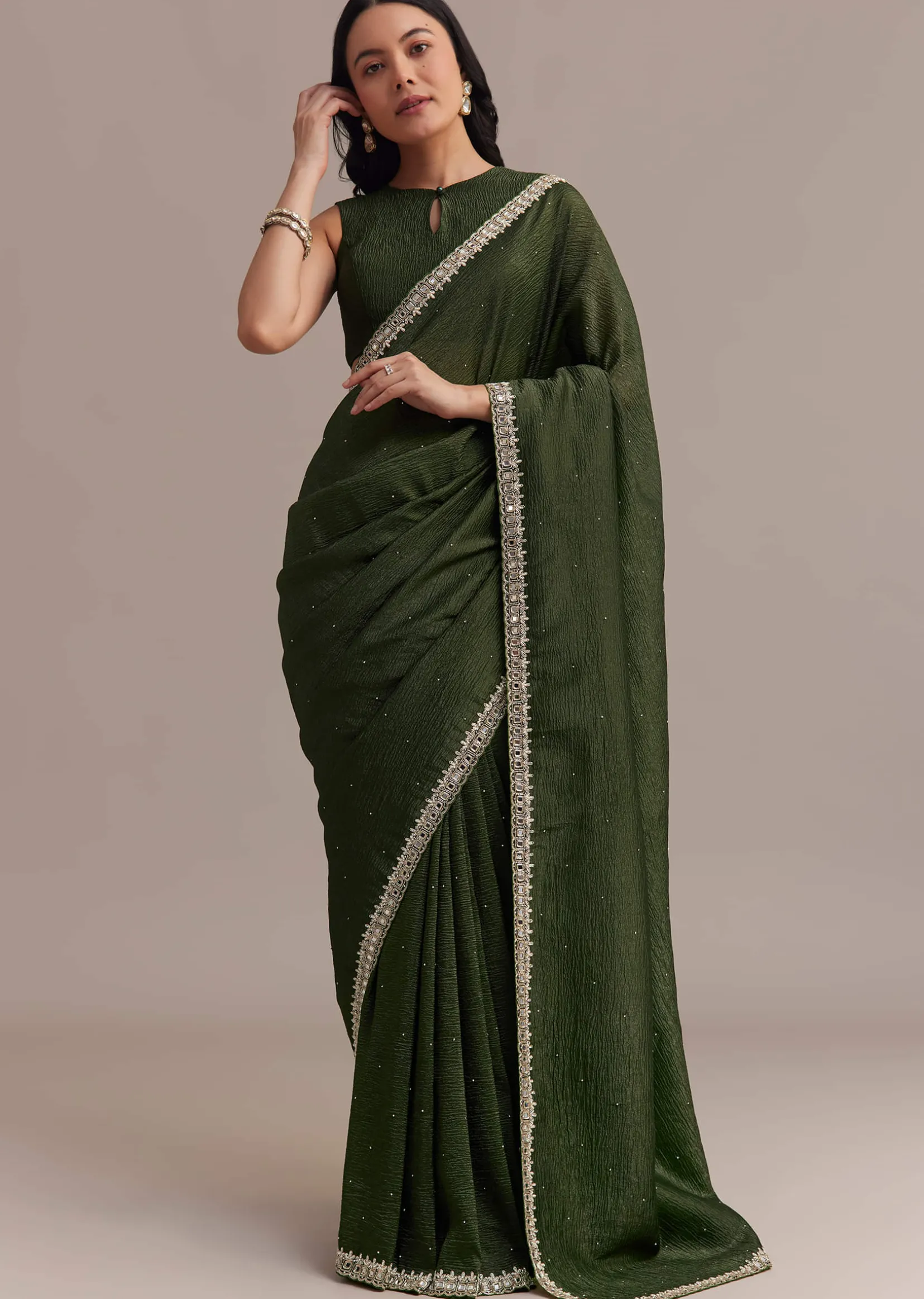 Mehendi Green Crushed Tissue Saree With Embellished Border