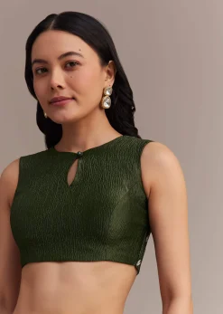 Mehendi Green Crushed Tissue Saree With Embellished Border