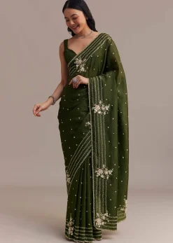 Mehendi Green Crushed Tissue Saree With Embroidered Border