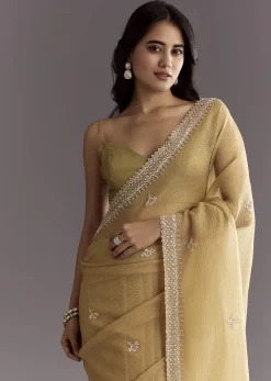 Mehendi Green Crushed Tissue Saree With Cutwork Embroidered Border