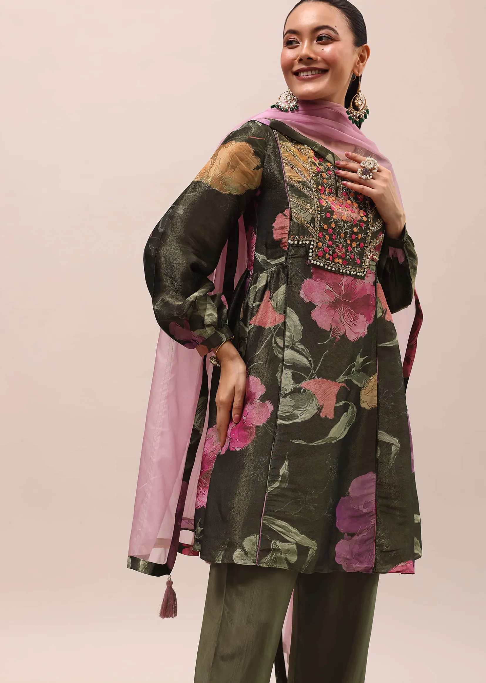 Mehendi Green Embroidered Kurta And Salwar With Dupatta
