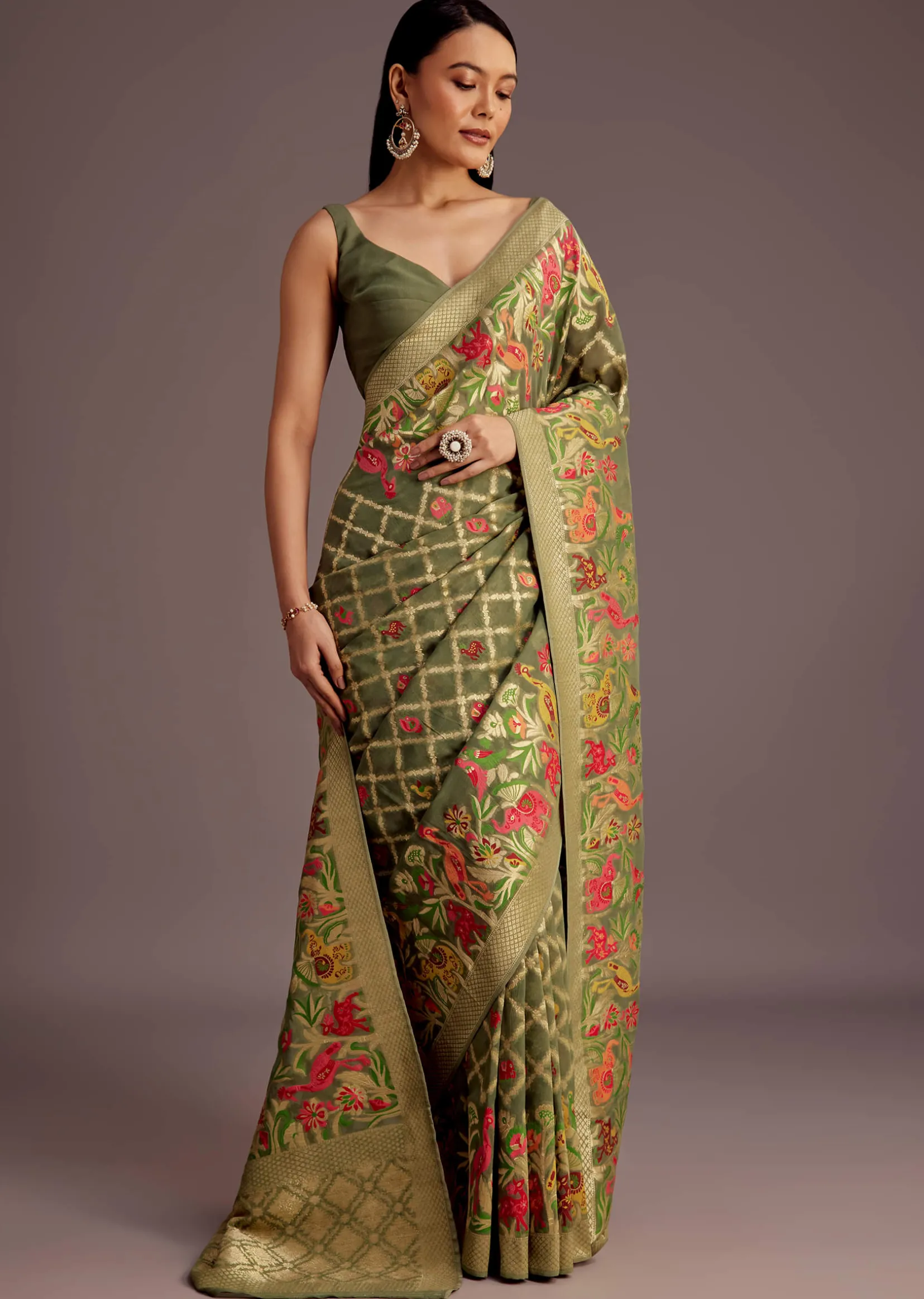 Mehendi Green Georgette Saree With Jaal And Animal-Bird Motifs