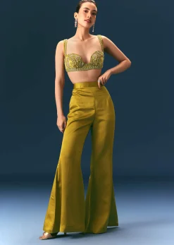 Mehendi Green Hand Embroidered Blouse With Jacket And Bell Bottom Pants