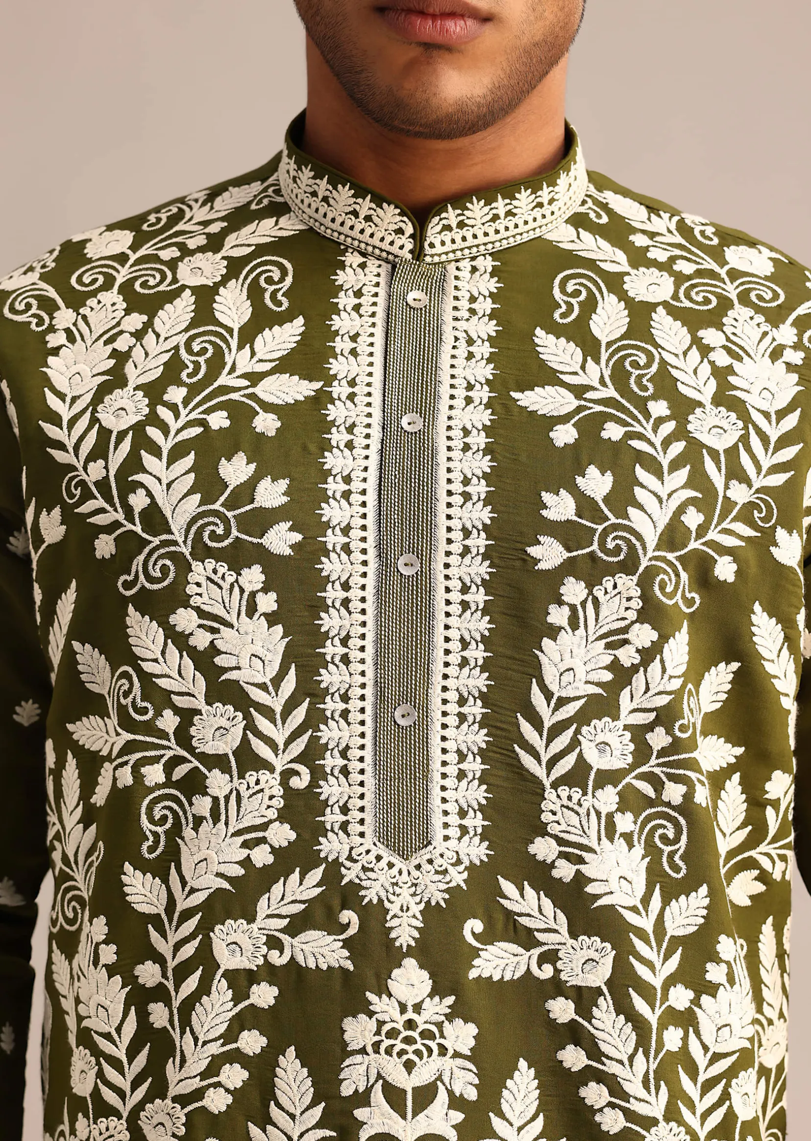 Mehendi Green Kurta Set With Floral Resham Embroidery
