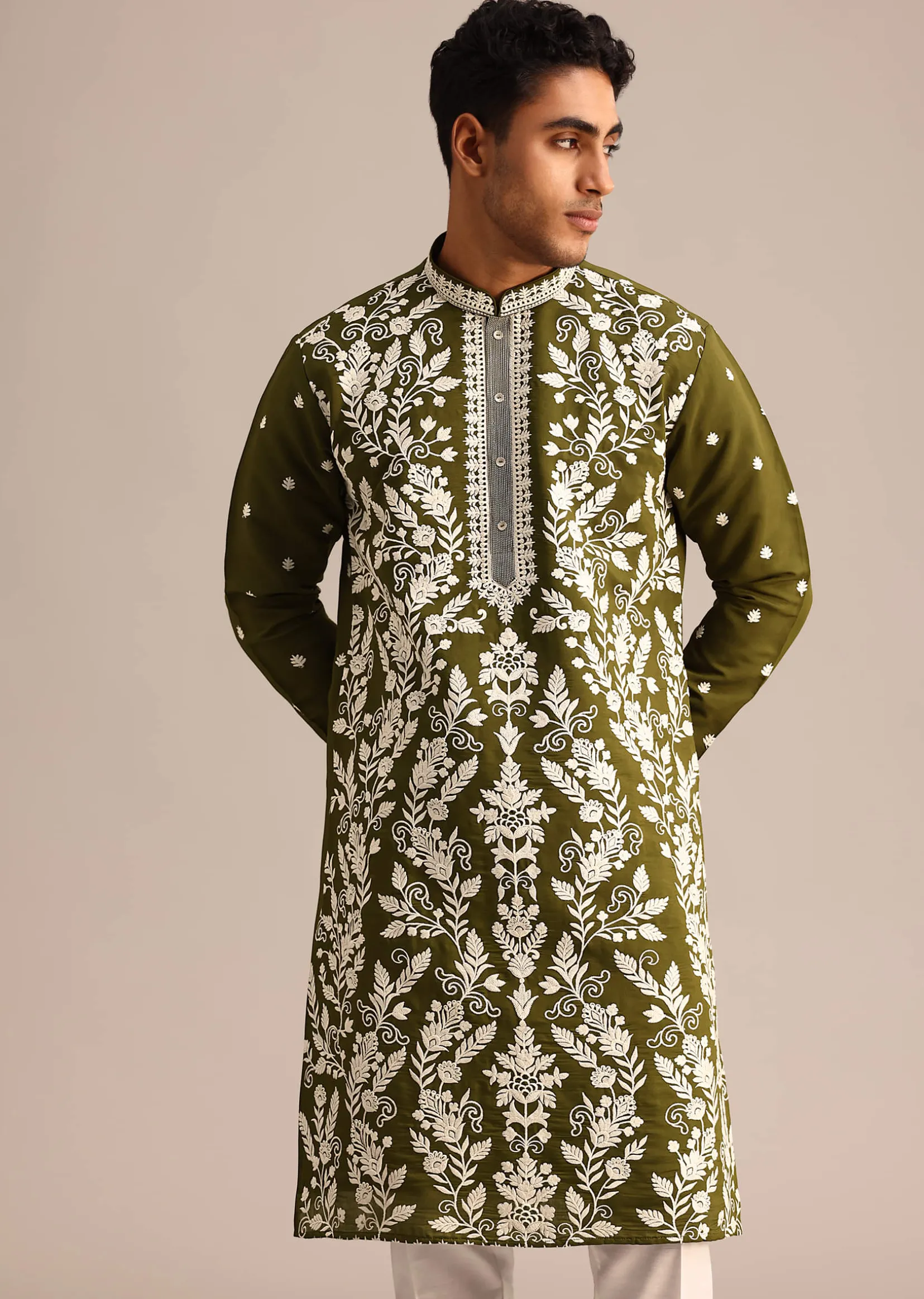 Mehendi Green Kurta Set With Floral Resham Embroidery