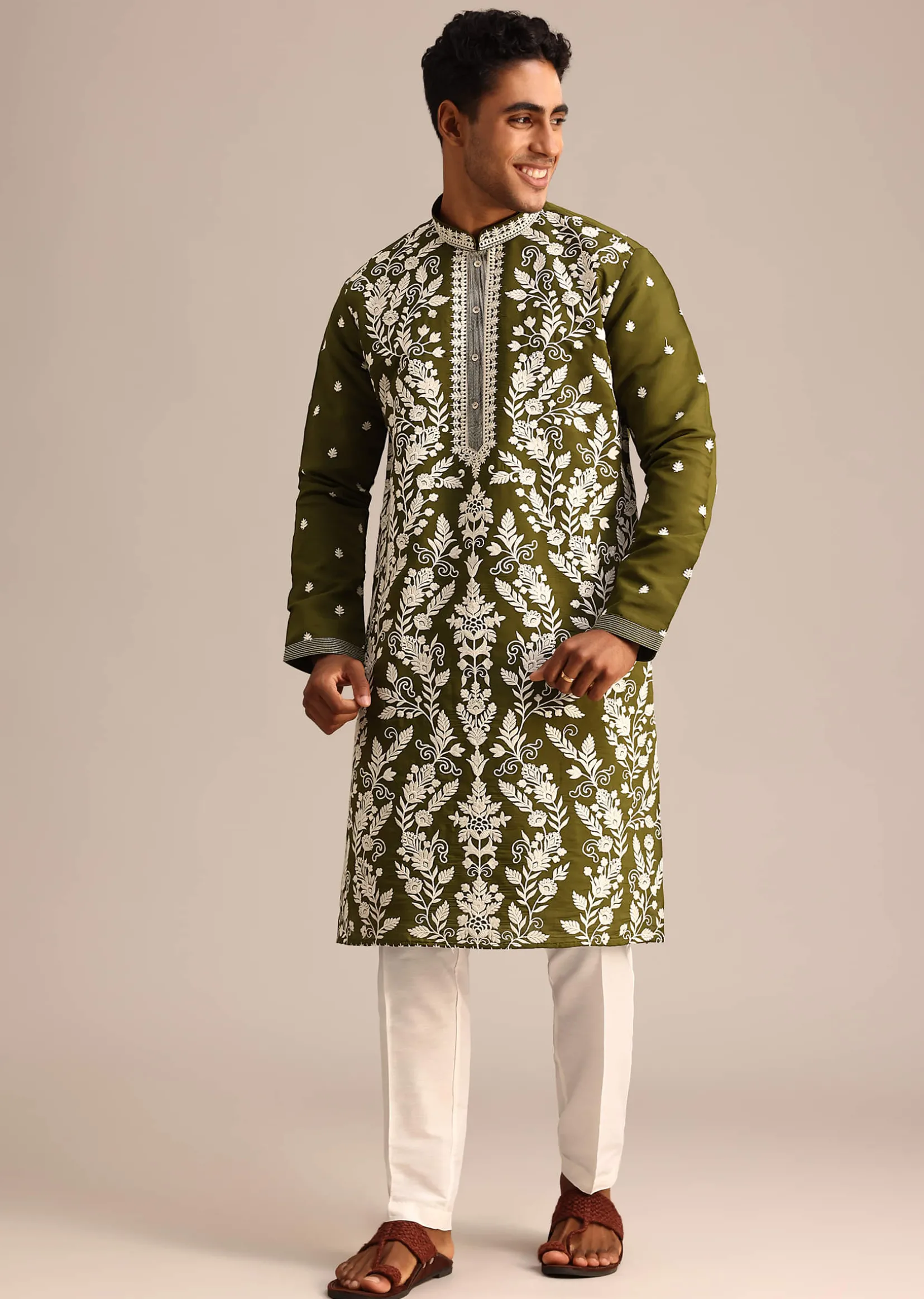 Mehendi Green Kurta Set With Floral Resham Embroidery