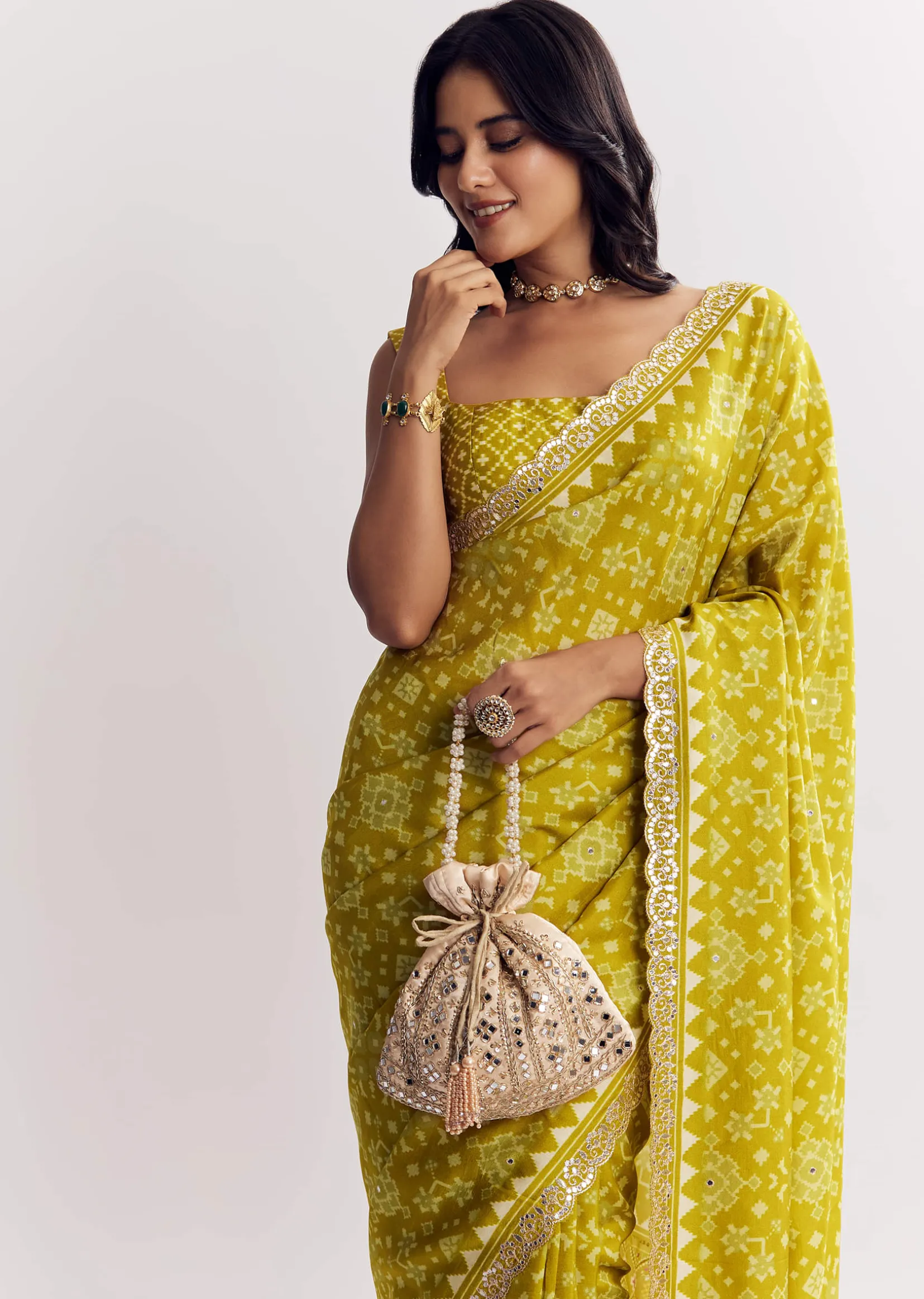 Mehendi Green Muslin Ajrakh Printed Saree With Gota And Mirror Work