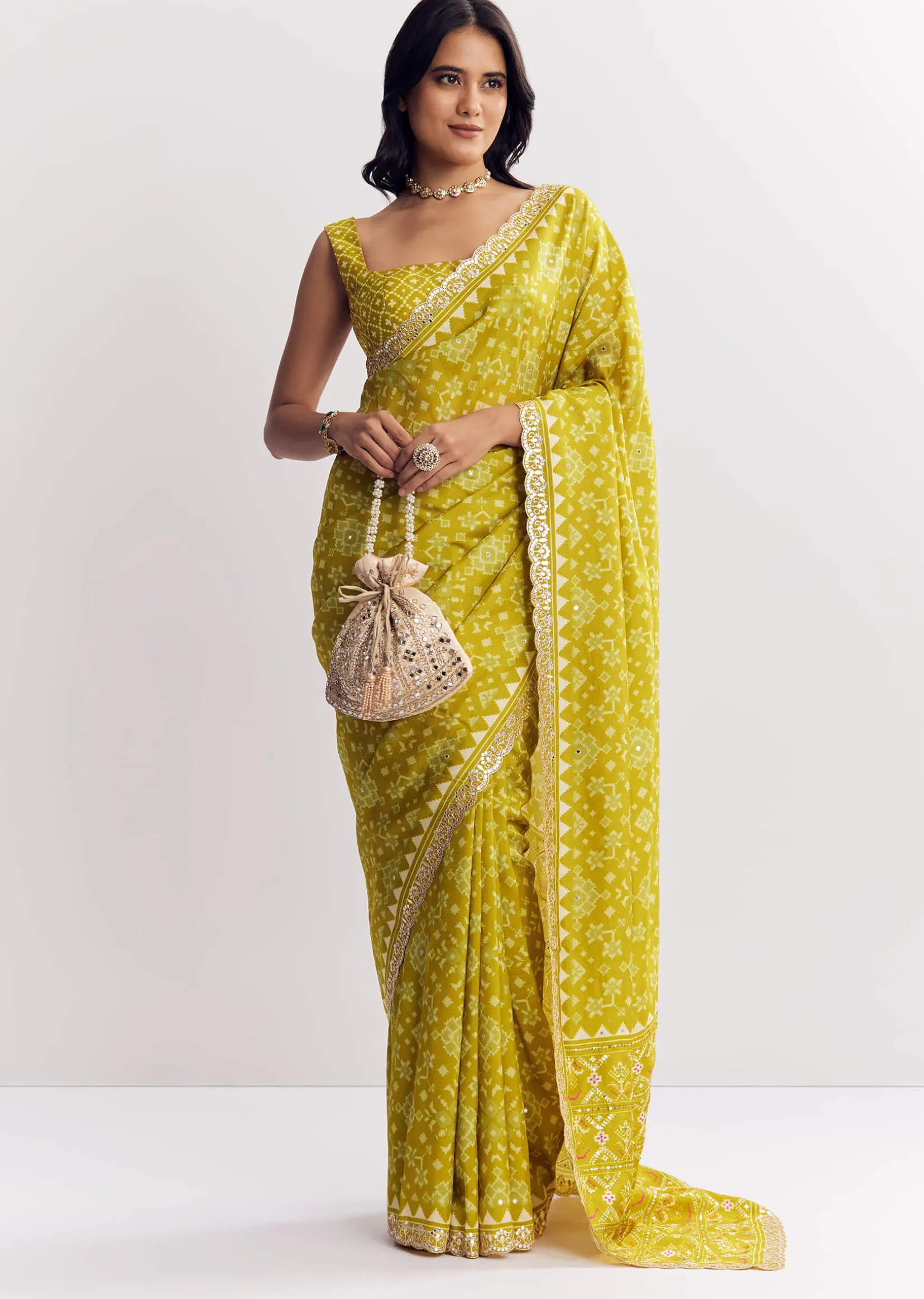 Mehendi Green Muslin Ajrakh Printed Saree With Gota And Mirror Work